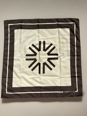 Valentino Women Brown/Ivory Geometric Logo Satin Polyester Square Scarf Italy